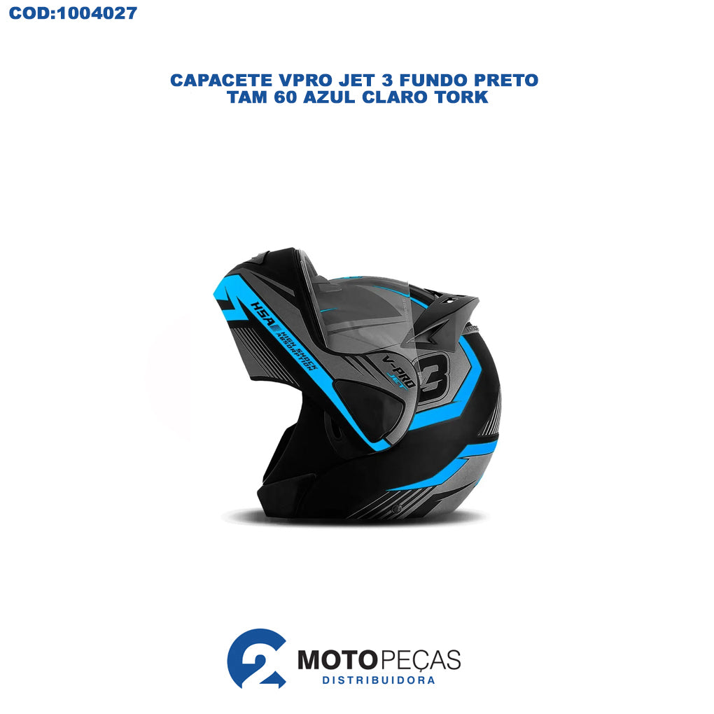 Capacete Vpro Jet 3 Fundo Preto Tam 60 Azul Claro Tork