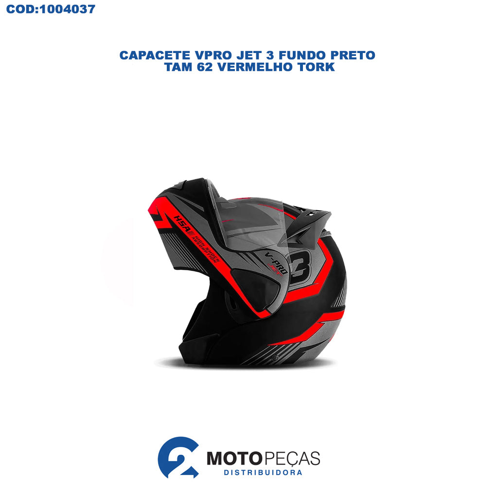 Capacete Vpro Jet 3 Fundo Preto Tam 62 Vermelho Tork